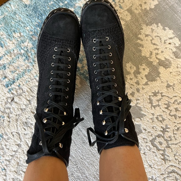 Chanel black wool tweed combat boots chain detail with certificate of authentic - Picture 15 of 16